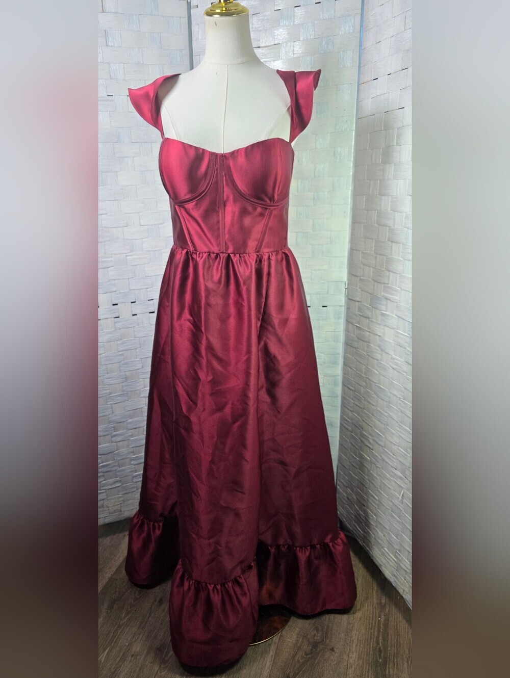 Dessy Collection Burgundy Satin Corset Gown with Slit - Picture 3 of 14
